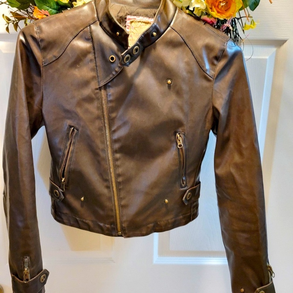 Brown faux leather jacket y2k